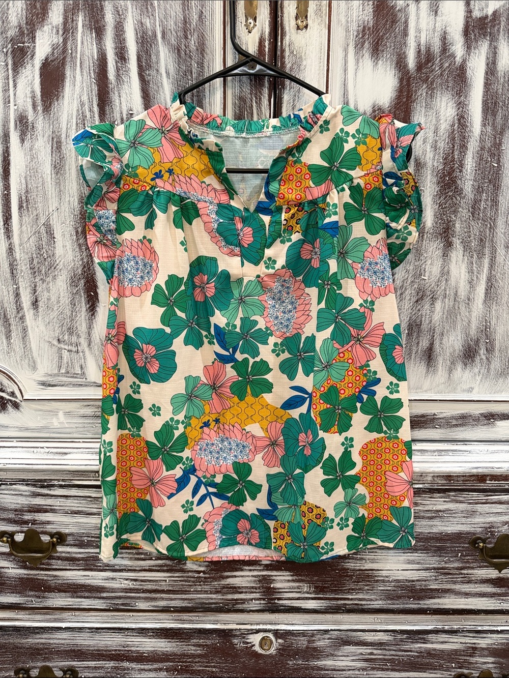 Floral Ruffle Cap Sleeve Top - Cream, Green, Pink, Yellow
